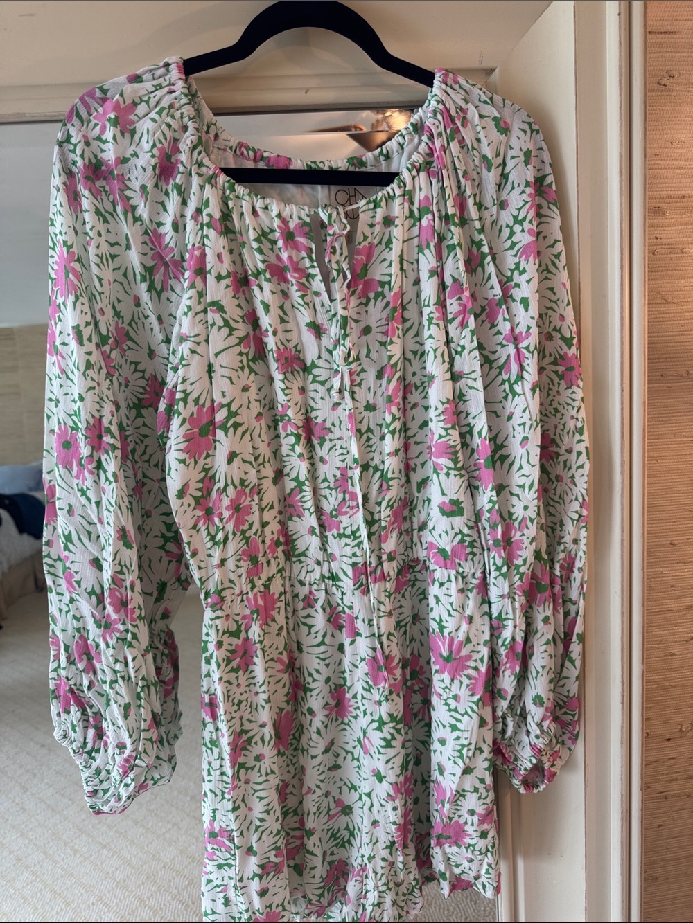 Chaser White Blouse with Pink Floral and Green Leaf Print